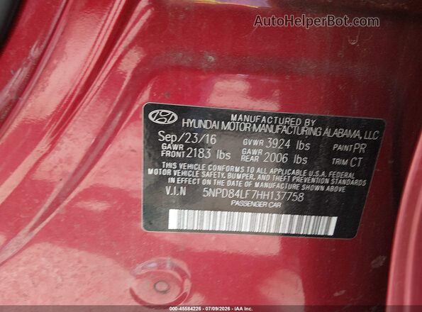 5NPD84LF7HH137758 2017 HYUNDAI ELANTRA Red Widok komory silnika