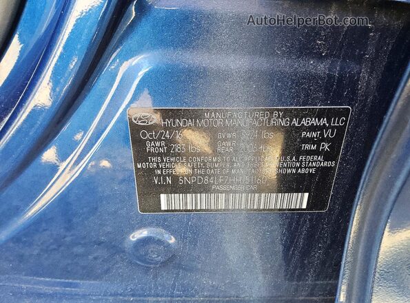 5NPD84LF7HH151160 2017 HYUNDAI ELANTRA Blue Вид підкапотного простору