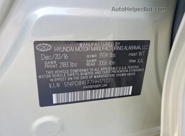 5NPD84LF7HH175071 2017 HYUNDAI ELANTRA Beige Vista del compartimento del motor