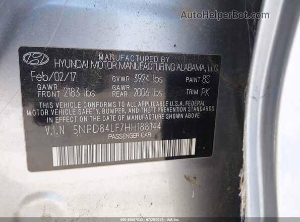 5NPD84LF7HH188144 2017 HYUNDAI ELANTRA Silver Engine compartment view