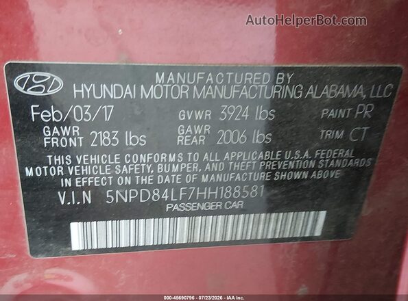 5NPD84LF7HH188581 2017 HYUNDAI ELANTRA Burgundy Widok komory silnika