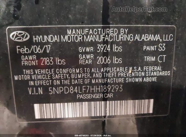 5NPD84LF7HH189293 2017 HYUNDAI ELANTRA Black Widok komory silnika