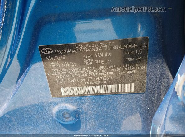 5NPD84LF7HH203614 2017 HYUNDAI ELANTRA Blue Engine compartment view