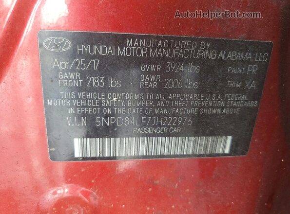 5NPD84LF7JH222976 2018 HYUNDAI ELANTRA Бордовый Вид наклейки с VIN-кодом