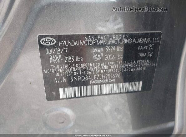5NPD84LF7JH251698 2018 HYUNDAI ELANTRA Gray Вид підкапотного простору