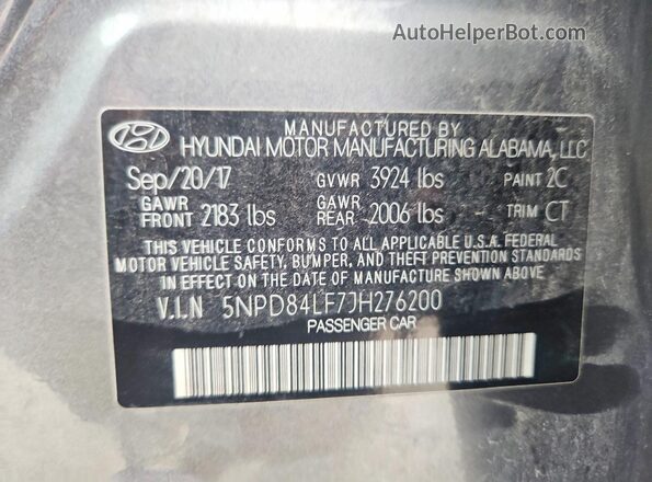 5NPD84LF7JH276200 2018 HYUNDAI ELANTRA Gray VIN კოდის სტიკერის ხედი