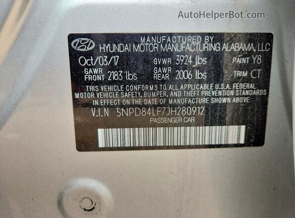 5NPD84LF7JH280912 2018 HYUNDAI ELANTRA Silver VIN sticker view