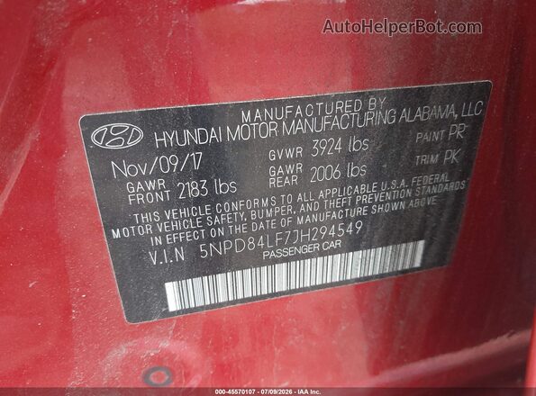 5NPD84LF7JH294549 2018 HYUNDAI ELANTRA Red Engine compartment view