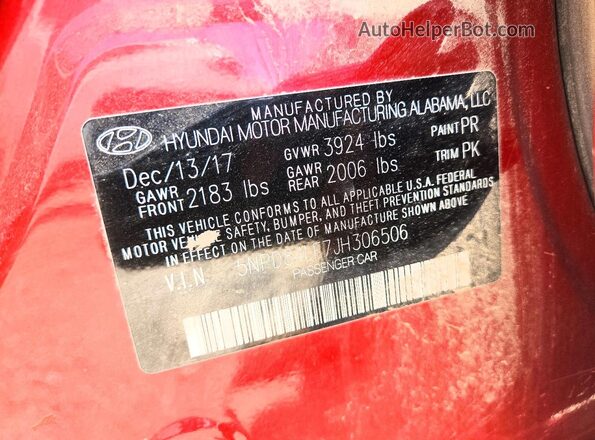 5NPD84LF7JH306506 2018 HYUNDAI ELANTRA Red VIN կոդի պիտակի տեսք