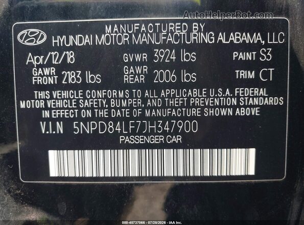 5NPD84LF7JH347900 2018 HYUNDAI ELANTRA Black Շարժիչի բաժամունքի տեսք