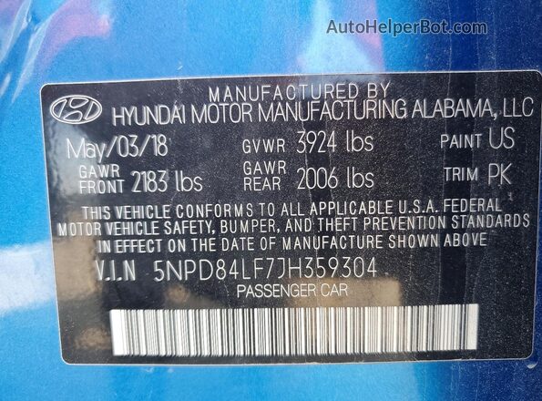 5NPD84LF7JH359304 2018 HYUNDAI ELANTRA Blue Շարժիչի բաժամունքի տեսք
