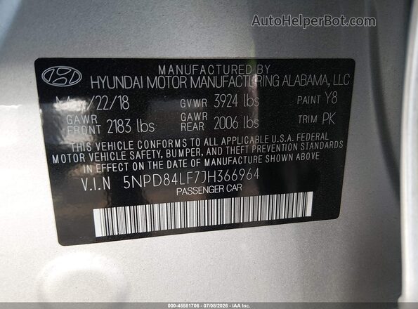 5NPD84LF7JH366964 2018 HYUNDAI ELANTRA Silver Widok komory silnika