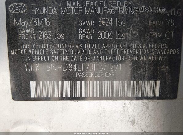5NPD84LF7JH371291 2018 HYUNDAI ELANTRA Silver Widok komory silnika