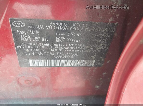 5NPD84LF7JH371338 2018 HYUNDAI ELANTRA Красный Вид подкапотного пространства