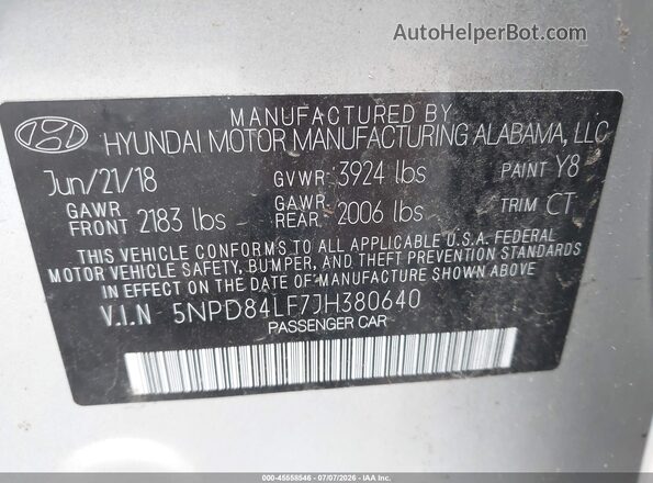 5NPD84LF7JH380640 2018 HYUNDAI ELANTRA Silver Vista del compartimento del motor
