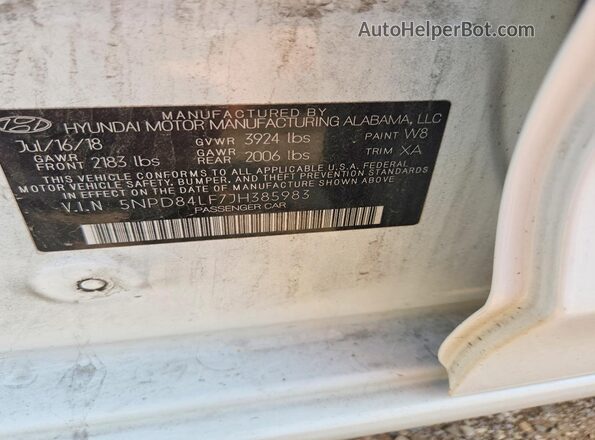 5NPD84LF7JH385983 2018 HYUNDAI ELANTRA White ძრავის განყოფილების ხედი