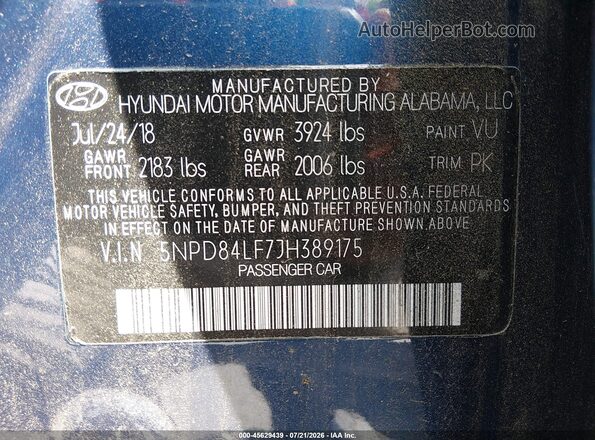 5NPD84LF7JH389175 2018 HYUNDAI ELANTRA Blue Вид підкапотного простору
