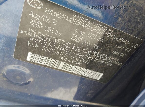 5NPD84LF7JH394991 2018 HYUNDAI ELANTRA Blue Engine compartment view