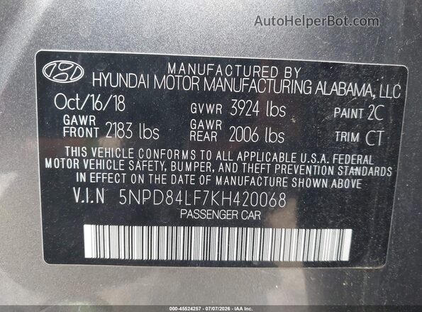 5NPD84LF7KH420068 2019 HYUNDAI ELANTRA Gray Շարժիչի բաժամունքի տեսք