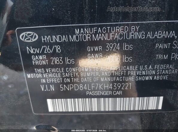 5NPD84LF7KH439221 2019 HYUNDAI ELANTRA Черный Вид подкапотного пространства