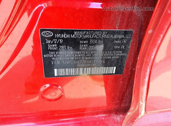 5NPD84LF7KH459999 2019 HYUNDAI ELANTRA Red ძრავის განყოფილების ხედი