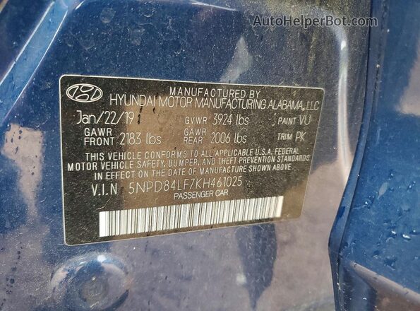 5NPD84LF7KH461025 2019 HYUNDAI ELANTRA Blue Engine compartment view
