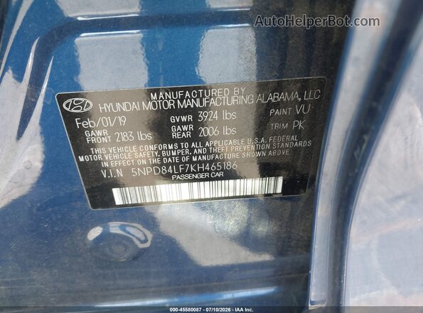 5NPD84LF7KH465186 2019 HYUNDAI ELANTRA L Blue Widok komory silnika