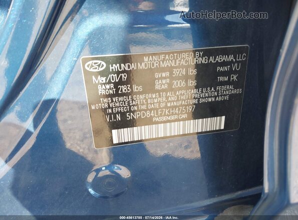 5NPD84LF7KH475197 2019 HYUNDAI ELANTRA Blue Engine compartment view