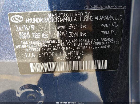 5NPD84LF7LH511875 2020 HYUNDAI ELANTRA Синий Вид подкапотного пространства