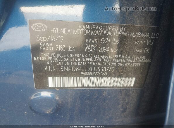 5NPD84LF7LH538770 2020 HYUNDAI ELANTRA Blue Engine compartment view