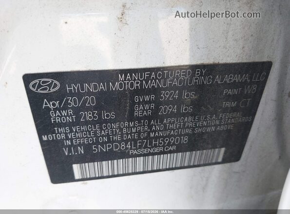 5NPD84LF7LH599018 2020 HYUNDAI ELANTRA White Vista del compartimento del motor