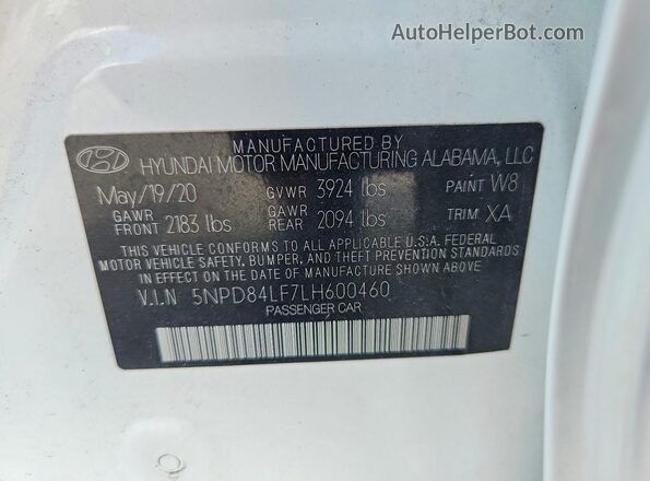 5NPD84LF7LH600460 2020 HYUNDAI ELANTRA White Vista del compartimento del motor
