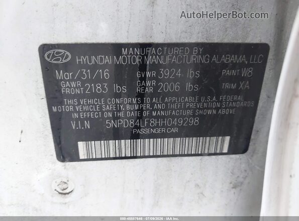 5NPD84LF8HH049298 2017 HYUNDAI ELANTRA White Engine compartment view