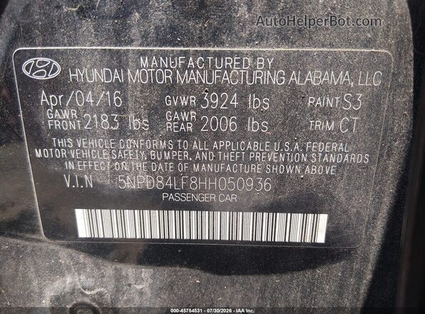 5NPD84LF8HH050936 2017 HYUNDAI ELANTRA Черный Вид подкапотного пространства