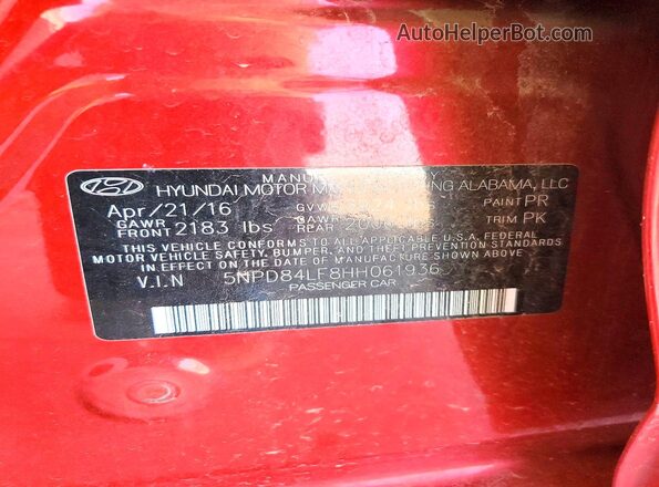5NPD84LF8HH061936 2017 HYUNDAI ELANTRA Red VIN კოდის სტიკერის ხედი