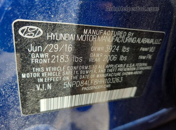 5NPD84LF8HH103263 2017 HYUNDAI ELANTRA Blue Engine compartment view
