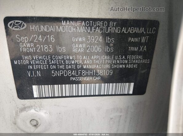 5NPD84LF8HH138109 2017 HYUNDAI ELANTRA Tan Vista del compartimento del motor