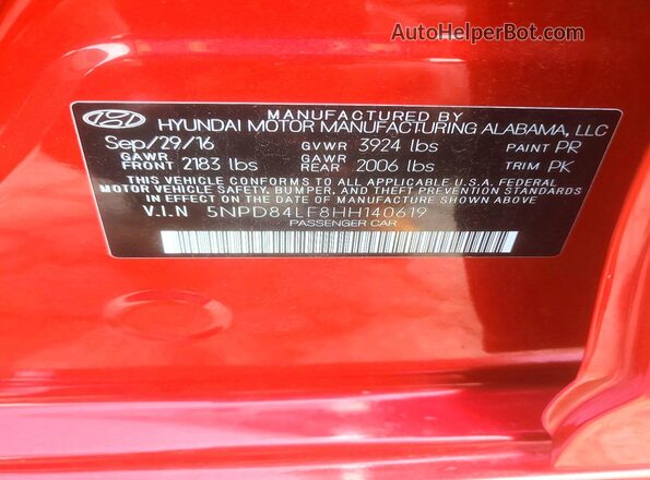 5NPD84LF8HH140619 2017 HYUNDAI ELANTRA Red Вид підкапотного простору