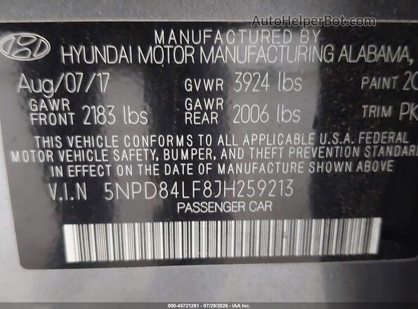 5NPD84LF8JH259213 2018 HYUNDAI ELANTRA Gray Widok komory silnika
