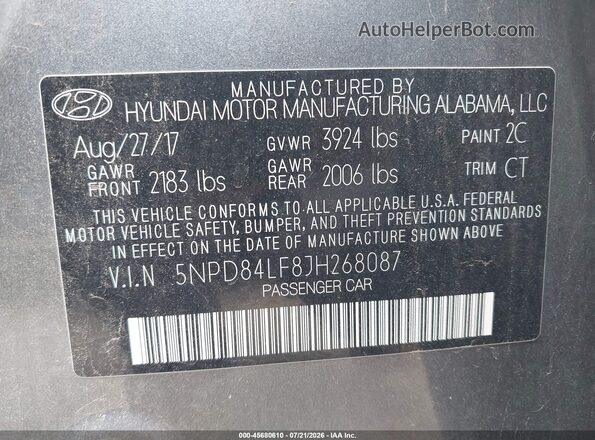5NPD84LF8JH268087 2018 HYUNDAI ELANTRA Gray Vista del compartimento del motor