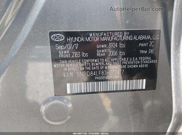 5NPD84LF8JH272477 2018 HYUNDAI ELANTRA Gray Շարժիչի բաժամունքի տեսք