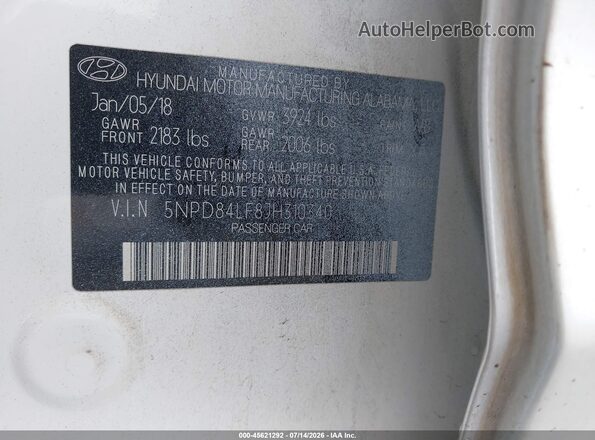 5NPD84LF8JH310340 2018 HYUNDAI ELANTRA White Engine compartment view