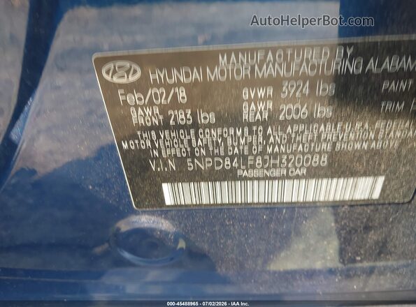 5NPD84LF8JH320088 2018 HYUNDAI ELANTRA Dark Blue ძრავის განყოფილების ხედი