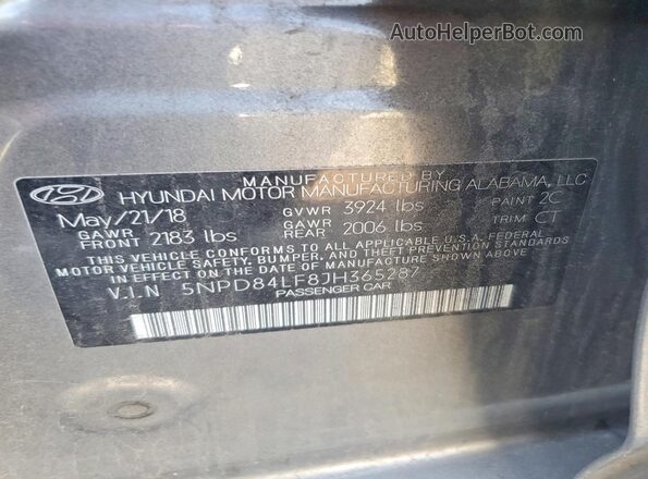 5NPD84LF8JH365287 2018 HYUNDAI ELANTRA Gray Շարժիչի բաժամունքի տեսք