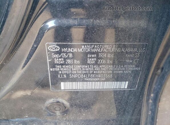5NPD84LF8KH403568 2019 HYUNDAI ELANTRA Black Շարժիչի բաժամունքի տեսք