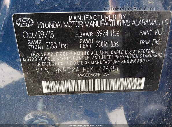 5NPD84LF8KH426381 2019 HYUNDAI ELANTRA Blue Engine compartment view