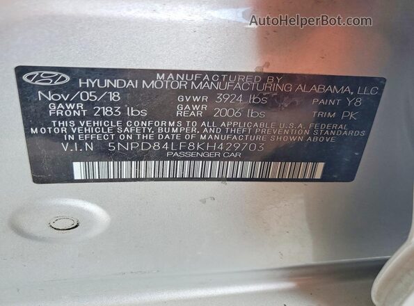 5NPD84LF8KH429703 2019 HYUNDAI ELANTRA Silver Vista del compartimento del motor