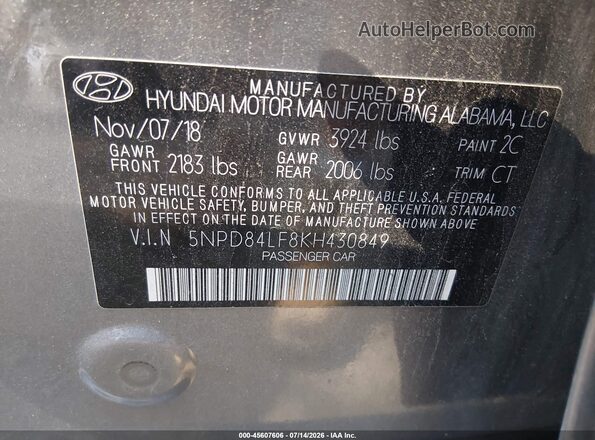 5NPD84LF8KH430849 2019 HYUNDAI ELANTRA Gray ძრავის განყოფილების ხედი