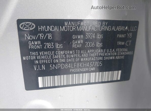 5NPD84LF8KH437705 2019 HYUNDAI ELANTRA Silver Widok komory silnika