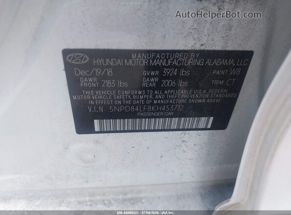 5NPD84LF8KH453712 2019 HYUNDAI ELANTRA White Շարժիչի բաժամունքի տեսք